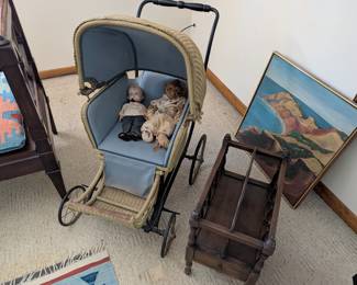 Wicker Baby Carriage, Dolls, Magazine Rack