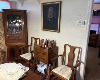Corner Cabinet, Arm Chairs, Oil Painting, Carved Oriental Figurines