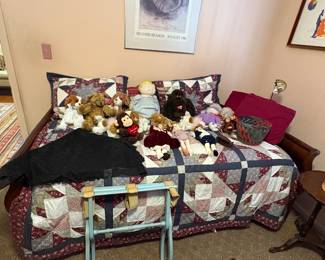 Sleigh Bed, Patchwork Quilt  & Matching Pillow, Plush Animals