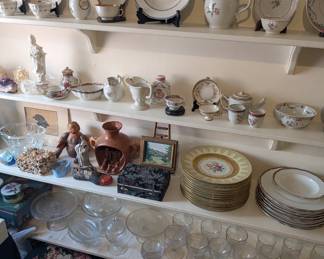 Various Bric-a-Brac including Chinese Exports, Lowestoft China Set, Antique Glassware Sets, Needlepoint Stools