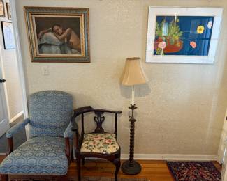 Blue Upholstered Arm Chair, Antique Corner Chair, Stiffel Barley Twist Floor Lamp