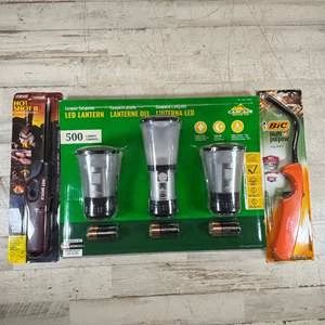 Camping Emergency Gear Lot Cascade Mountain Tech LED Lanterns Bic Utility Lighters