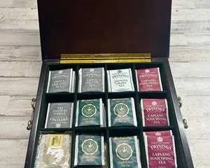  Dark Wood Tea Presentation Box with Assorted Tea Bags & Brass Hardware