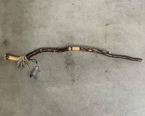 Hand Carved Wooden Talking Stick Staff w Feather Beads & Bell Rustic Decor