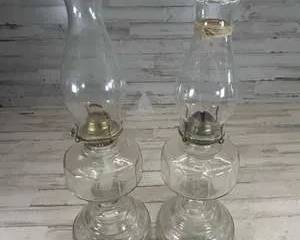 Matching Pair Vintage Clear Glass Hurricane Oil Lamps Kerosene Lamps