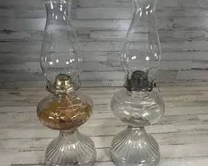 Pair Vintage Clear Glass Hurricane Oil Lamps Pressed Glass Kerosene Lamps