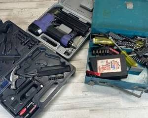 Mixed Tool Lot – Pneumatic Brad Nailer, Staple Gun Kit, Drill Bit Set & Metal Toolbox w/ Hand Tools