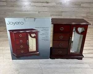  Joyero Dark Walnut Wooden Jewelry Box Armoire w/ Drawers Mirror Glass Door Chest