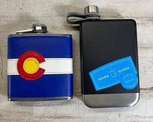 Lot of 2 Stainless Steel Hip Flasks Colorado Flag Leather Wrap & Black Travel Flask