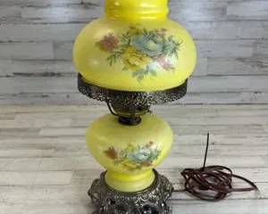 Vintage Yellow Milk Glass Hurricane Table Lamp Floral Shade Ornate Metal Base