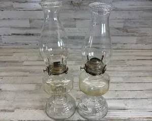 Pair Antique Clear Glass Oil Lamps Rayo Rochester Dupex Victorian Hurricane