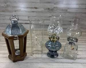 Vintage Oil Lamp Lantern Lot Pyrex FTD 1980 Hurricane Glass Wood Metal Decor