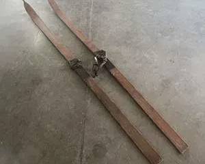 Vintage Wooden Skis with Leather Strap Bindings – Approx. 8 ft – Primitive / Early Style