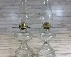 Pair Antique Clear Glass Oil Lamps Rochester Rayo Victorian Hurricane Lanterns