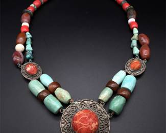 Navajo Natural Turquoise, Coral & Carnelian Necklace