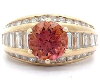 4.02 Carat Natural Peach Tourmaline & Natural Diamond Channel Ring in 14k Gold