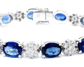 25 Carat Madagascar Blue Sapphire & Natural Diamond Tennis Bracelet in 18k White Gold
