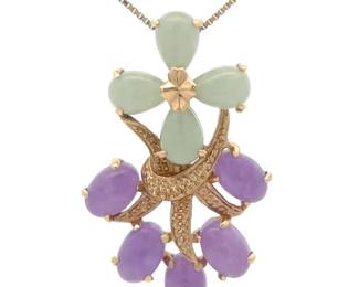 Estate Green & Purple Jade Flower Drop Pendant in 14k Yellow Gold