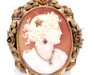 Large! Antique 1870's Original Victorian Cameo Brooch/Pendant w/ Handmade Border in 14k Gold