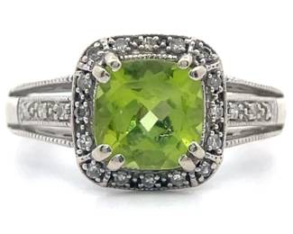 Estate Natural Peridot & Diamond Halo Split Shank Ring in White Gold