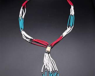 Southwest Native American Colorful Bead Multi-Strand Fringe Drop Necklace
