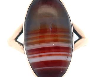 Antique 1880s Original Victorian Banded Agate Ring in 14k Yellow Gold
