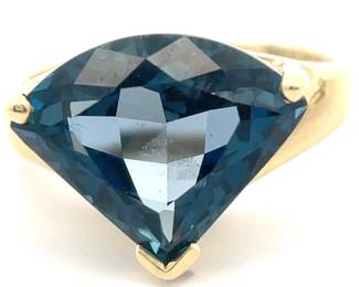 Retro-Mod 7 Carat Triangular Blue Topaz Solitaire Estate Ring in 14k Yellow Gold