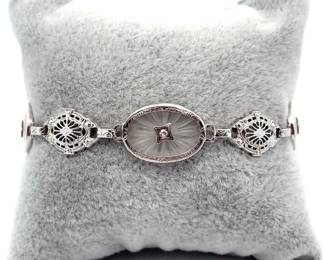 Original Antique Art Deco Natural Diamond & Cut Quartz Filigree Bracelet in 14k White Gold