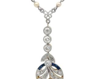 Antique 1900s Edwardian 1.22 Carat Natural Euro Cut Diamond & Sapphire Foliate Estate Necklace in Platinum and 18k Yellow Gold