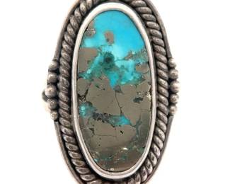 Mottled Natural Turquoise & Pyrite Navajo Split Shank Ring