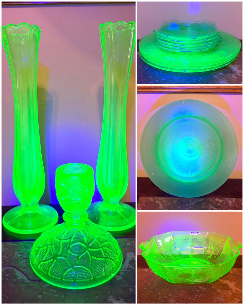 Vintage uranium glass, including a ceiling light shade cover. 