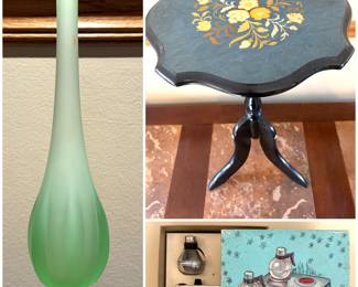 Vintage Viking six pedal satin green vase, a vintage Italian Sorrento side table, and a  vintage mid century modern “Hot Plate Coffee Twins" salt and pepper shaker set.