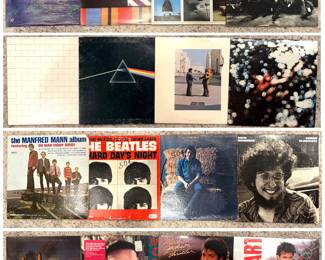 Collection of vintage vinyls including albums from Pink Floyd, The Beatles, Michael Jackson, and Corey Hart. 
Other album titles include The Dark Side of the Moon, The Wall, Wish You Were Here, and Thriller. 