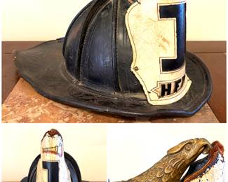 Vintage Cairns and Brother leather fireman’s helmet with large brass eagle front piece