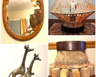 A vintage wood carved mirror, a pair of vintage brass giraffe figurines, Newgarden Sisine hand-woven table lamp fixture and an antique wagon wheel hub. 