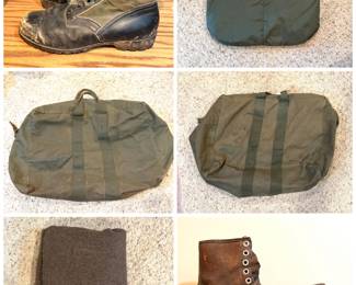 A pair of vintage Vietnam War-era military jungle boots, a vintage U.S. Military Aviator's Kit Bag, a vintage brown military wool blanket, a Porter-Yoshida & Co. Tanker Helmet Bag and a pair of vintage “Battle Axe" brand work boots. 