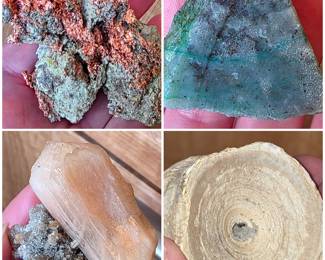 Native copper, peach stilbite cluster, possible green aventurine, and fossilized shall vertebrae 