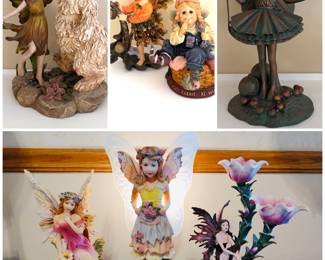 A collection of Faerie Glen fairy figurines by the Summit Collection. Also, a set of Boyds Bears Faeriessence "The Faeriewood Collection" and a vintage-style bronze patina  figurine "Columbine Fairy" from the Cicely Mary Barker collection. 