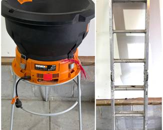 A Worx WG430 13 Amp Electric Leaf Mulcher and a Werner multi-position aluminum extension ladder.