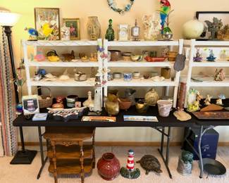 A collection of vintage home decor and planters. 