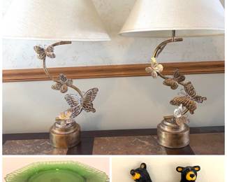 A pair of brass butterfly table lamps by Regina Andrew. Green depression glass. 