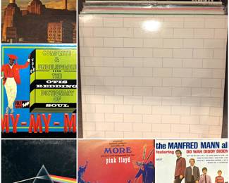 Collection of vintage vinyl albums including Pink Floyd:  The Wall, The Dark Side of the Moon, Animals, and More. Plus a variety of  classic rock and soul artists, such as Manfred Mann and Otis Redding. 