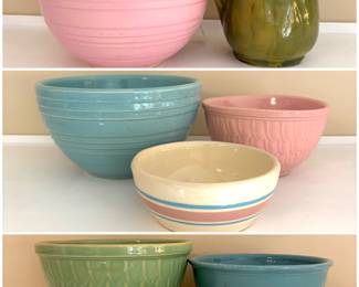 Vintage Shawnee Pottery Corn King pieces, a yellow and green pitcher and two nested mixing bowls. Plus, vintage McCoy pottery mixing bowls including beehive patterns. 