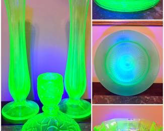 Vintage uranium glass, including a ceiling light shade cover.