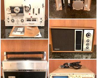 Collection of vintage electronics including a vintage Akai X-150D Solid State Custom Deck, a vintage Zenith Trans-Oceanic Royal 3000-1 multiband transistor radio, a Spirit of St. Louis Field Phone Mark IV, vintage Panasonic RE-6286 AM/FM radio, and a vintage Gould OS-255 15MHz Analog Oscilloscope. 