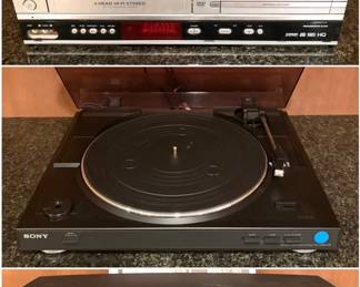 Collection of electronics including a Philips DVP3050V DVD/VCR combo player, a Sony PS-LX300USB USB Stereo Turntable and Bose VCS-10 Center Channel Speaker. 