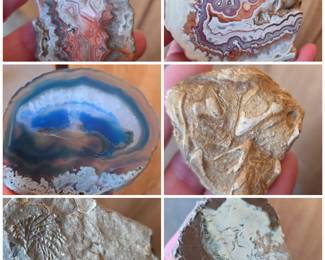 That last slide is Polished Laguna agate specimens (only from one small area in the world).
Blue agate.
Possible plant fossil. 
Polished thunder egg.