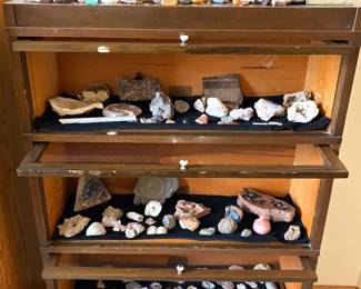 Variety of rocks, gems, and minerals. Cabinet is not for sale. 