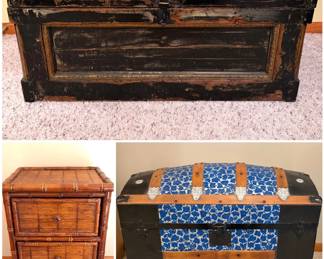 An antique wooden trunk, a 3-drawer rattan nightstand and an antique Victorian-era dome top humpback steamer trunk. 