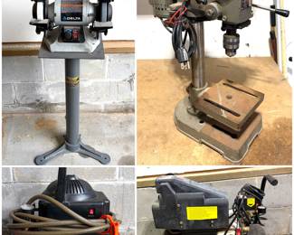 A Delta Variable Speed Bench Grinder, a Tool Shop 2-Gallon 1/3 HP Portable Electric Hot Dog Air Compressor, a vintage Duracraft SP-30 bench drill press and a BCP portable air compressor.